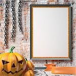 Jack O Lantern pumpkin, chains and mock up blank poster on white wall. 3D render illustration background