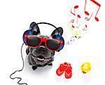 cool dj french bulldog dog listening or singing to music  with headphones and mp3 player, notes all around, isolated on white background and ready for summer vacation