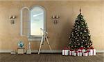 Old room with open window, binoculars and christmas tree with gifts - 3d rendering