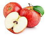 Ripe red apple fruit with apple half and apple leaf isolated on white background. Red apples and leaf with clipping path