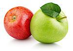 Pair of ripe red and green apple fruits with apple leaf isolated on white background. Apples with clipping path