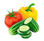 Tomato, cucumber and sweet pepper isolated on white background. Salad ingredients group