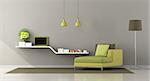 Green and brown living room with chaise lounge and shelf with books and, laptop - 3d rendering