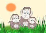 Three monkeys sitting together in the grass.