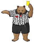 Brown russian bear soccer referee whistles and shows yellow card. Isolated on white vector cartoon illustration