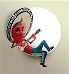 Red Mexican hot chili pepper in sombrero playing guitar. Vector cartoon illustration