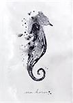 Monotype seahorse drawing with black and white on paper background