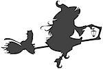Black silhouette of witch flying on broom. Isolated on white vector illustration