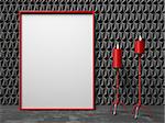 Blank picture frame and two red candlestick on black triangulated background. Mock up render illustration