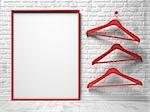 Three red cloth hanger and blank canvas on the white painted brick wall. 3D render illustration