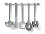 Steel kitchen utensils hanging. 3D render illustration isolated on white background