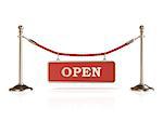 Velvet rope barrier, with OPEN sign. 3D render isolated on white background