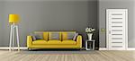 Gray living room with yellow sofa,floor lamp and closed door - 3d rendering