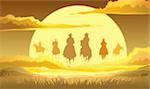 Team of cowboys silhouette galloping in the sky against a sunset background