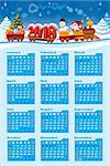 New Calendar 2018 and Santa Claus in a toy train with gifts, snowman and Christmas tree.