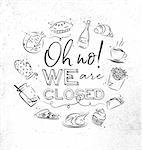 We are closed monogram with food icon drawing on dirty paper background