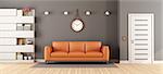 Gray living room with orange sofa, white bookcase and closed door- 3d rendering
