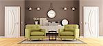 Brown and green living room with armchairs,closed doors and sideboard on wall - 3d rendering