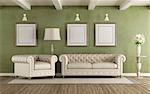 Green and white classic living room with elegant sofa and armchair - 3d rendering