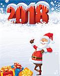New Year 2018 and Santa Claus with gifts over christmas winter decoration.
