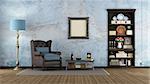 Old room with dark wooden bookcase embedded in the wall and classic armchair - 3d rendering