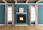 Fireplace in a blue classic room with windows and wooden ceiling - 3d rendering