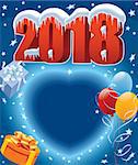 New Year 2018 decoration, gifts, balloons and blue heart in background