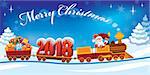 New Year 2018 and Santa Claus in a toy train with gifts, snowman and Christmas tree.