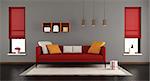Gray and red modern living room with sofa and two windows - 3d rendering