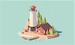 Vector low poly lighthouse tower with small buildings on the island