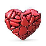 Broken red heart made of red rocks. 3D render illustration isolated on white background