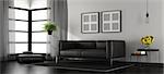Black and white modern living room with leather sofa and footstool - 3d rendering