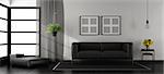 Black and white minimalist living room with leather sofa and footstool - 3d rendering
