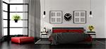 Modern master bedroom with red and black double bed,nightstand and footstool - 3d rendering