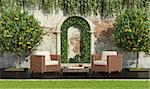 Classical garden with rattan armchairs with lush vegetation - 3d rendering