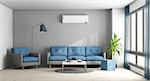 Blue and gray modern living room with sofa,armchair and air conditioner - 3d rendering