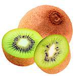 Isolated fruits. Isolated one whole and two half kiwi on white background with clipping path as a package design element.