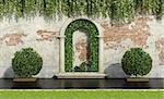 Garden with lush vegetation, stone portal and old wall - 3d rendering