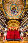 View of the interior of the Juarez Theater (Teatro Juarez) showing the stage and the intricate patterned ceiling in Guanajuato City, Mexico