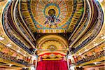 View of the interior of the Juarez Theater (Teatro Juarez) showing the stage and the intricate patterned ceiling in Guanajuato City, Mexico