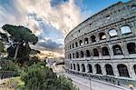 The pink sky at sunrise frames the ancient Colosseum (Flavian Amphitheatre), UNESCO World Heritage Site, Rome, Lazio, Italy, Europe