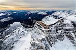 Aerial view of the rocky peaks of Monte Pelmo at dawn, Zoldo, Dolomites, Province of Belluno, Veneto, Italy, Europe