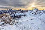 Aerial view of the snowy peaks of Giau Pass Ra Gusela and Lastoi De Formin, Cortina d'Ampezzo, Dolomites, Veneto, Italy, Europe