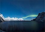 Panorama of the Northern Lights on the Senjahopen peak surrounded by the frozen sea, Senja, Mefjordbotn, Troms county, Norway, Scandinavia, Europe