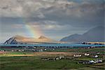 Rainbow over hills and dwellings, looking towards Clogher and Rosroe, Dingle Peninsula, County Kerry, Munster, Republic of Ireland, Europe