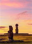 Moais in Tahai Archaeological Complex at sunset, Rapa Nui National Park, UNESCO World Heritage Site, Easter Island, Chile, South America