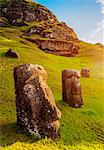 Moais at the quarry on the slope of the Rano Raraku Volcano, Rapa Nui National Park, UNESCO World Heritage Site, Easter Island, Chile, South America