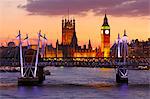 Skyline of London at dusk, with Big Ben and Houses of Parliament, London, England, United Kingdom, Europe