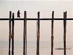 View of U-Bein Bridge at dawn, Amarapura, Mandalay, Mandalay Region, Myanmar (Burma), Asia