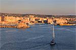 Civitavecchia and its harbour and fortifications, the cruise ship port for Rome, from the sea, late afternoon sun, Civitavecchia, Lazio, Italy, Mediterranean, Europe